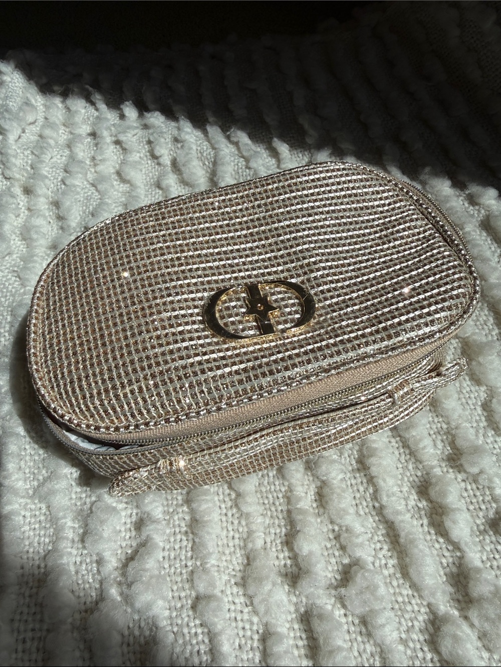 Gold Sparkly Dior makeup bag